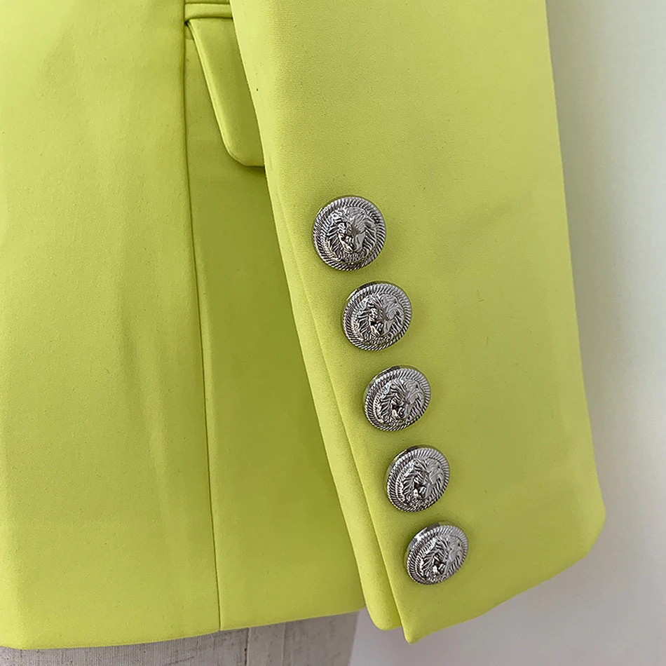

High Quality Yellow Blazer Women New Designer Silver Lion Buttons Double Breasted Fluorescence Shawl Collar Blazers Jacket