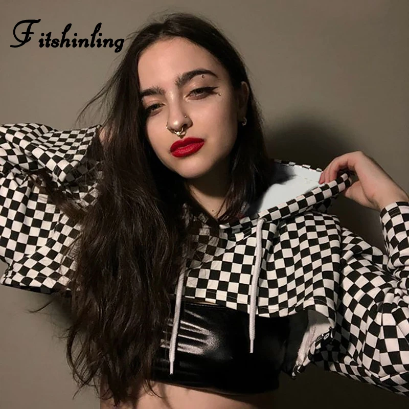 Fitshinling клетчатый топ с капюшоном 2018 модные рукав фонарик плед хип хлопок женские