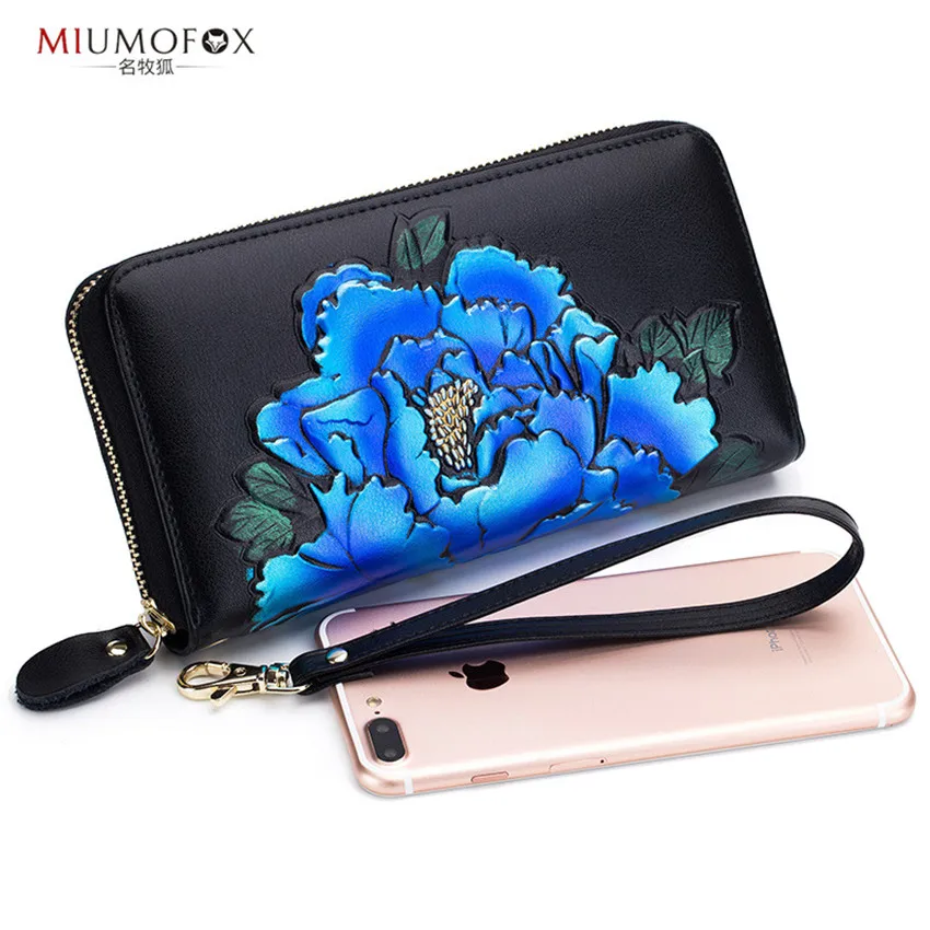 Chinese Style Purse Peony hand-painted Lady Long Wallet Cow Leather 24 Card Holders Simple Fashion Luxury Woman Holder W236 | Багаж и