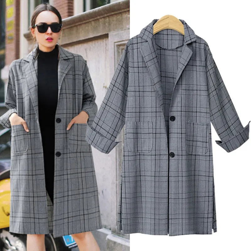 

New Autumn Winter Women Coat Plus Size Fashion Casual Single Breasted Loose Plaid MD-Long Style Trench Coat For Women Outerwear