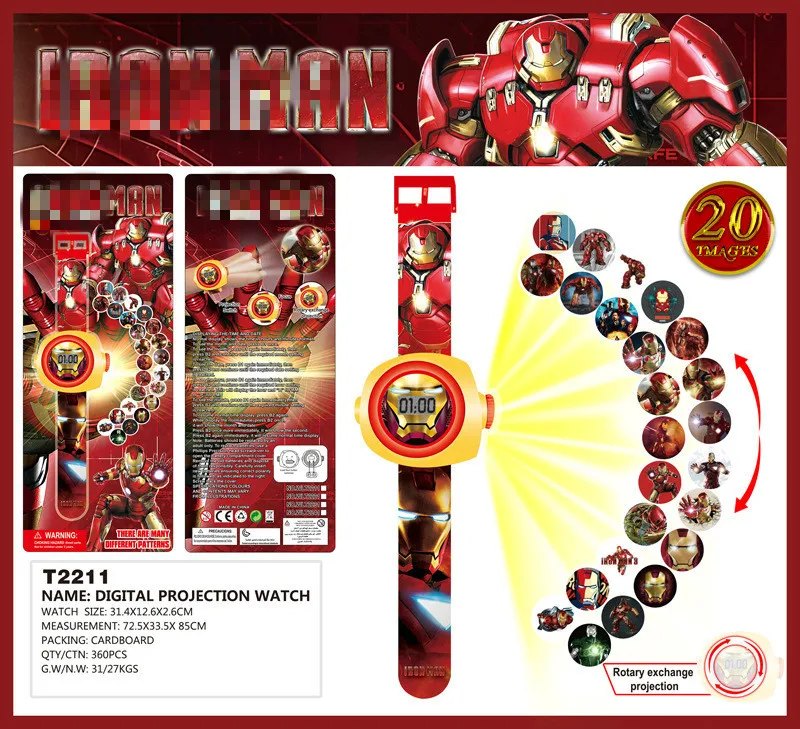 Iron men 1 шт. Мультяшные цифровые часы светодиодный проектор Фигурки Мстителей Человек-паук Железный человек Бэтмен Ben10 Замороженные фигурки Детские игрушки - Цвет: Iron men