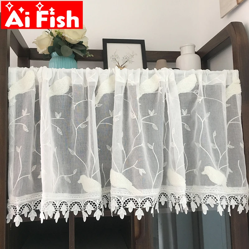 Короткая фатиновая занавеска s для кухни готовая белая птица кружевная тюль