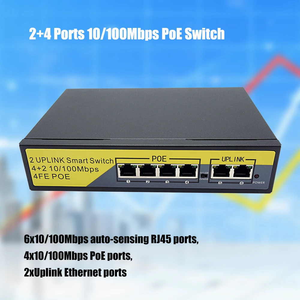 4 + 2 порта PoE коммутатор 802.3af Стандартный Выключатель питания 802.3at выключатель