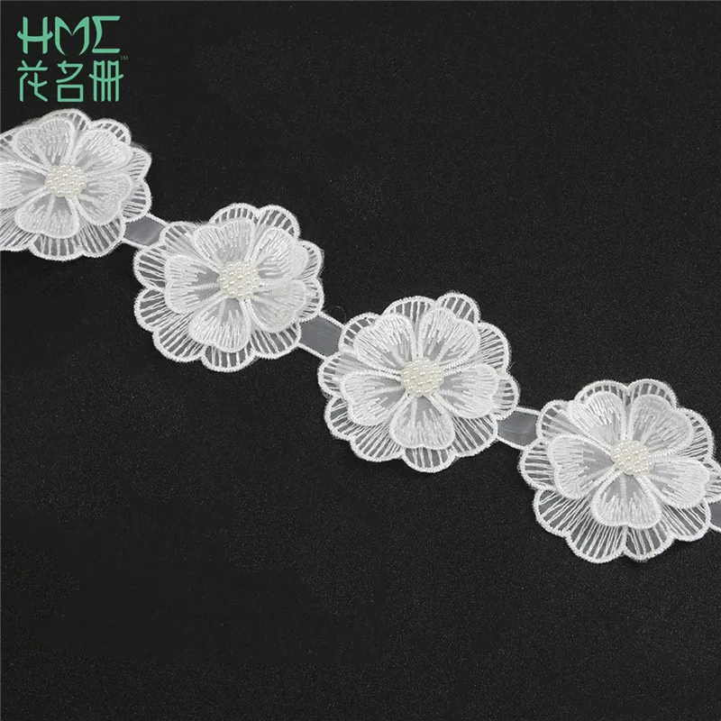 1 ярд белый/черный жемчужный цветок вышитая бисером кружевная кромка ручной