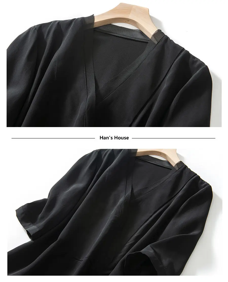 Heavy Silk Blouse V Neck 2 Colors Solid Womens Half Sleeve High Quality Loose Silk Blouses Casual New Fashion