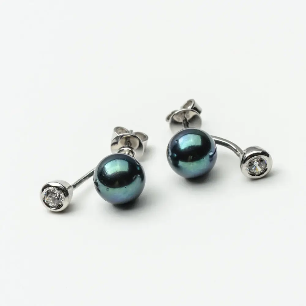 7.5-7.6mm Round Black Green Real Akoya Pearl Earrings 925 Sterling Silver | Украшения и аксессуары