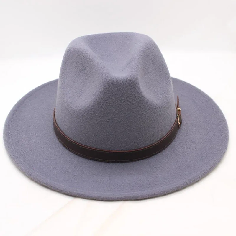 Котелок шляпа мужская мода мелкой Fedora шапки классический унисекс, однотонный ремень золотой пряжкой большой размеры шапки 57 см шерсть Теплый мужской
