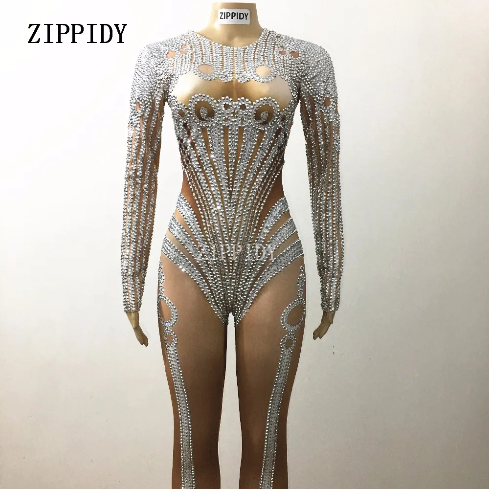 Fashion Sparkly Silver Crystals Glisten Rhinestones Costume Performance Outfit Party Celebrate Bodysuit Female Singer