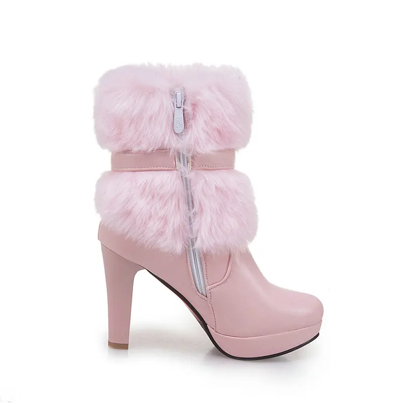 New high Heels platform women ankle snow boots rouned toe ladies party dress shoes black white pink large Size 43