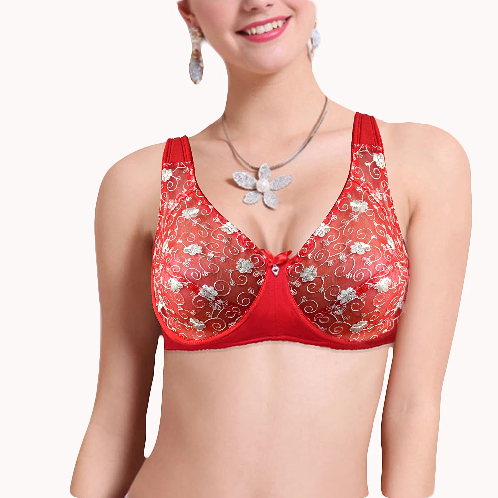 

YANDW Big Red Bras For Women Lace Bralette Plus Size Unpadded A B C D DD E F 34 36 38 40 42 44 Sexy Lingerie Floral Mesh Wire