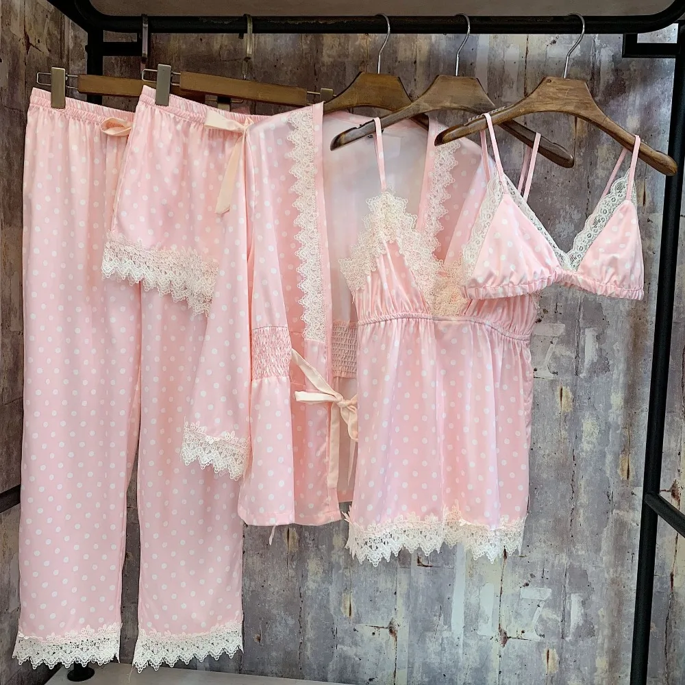 Пижама женская атласная из 5 предметов одежда для сна шелковая Домашняя пижама с