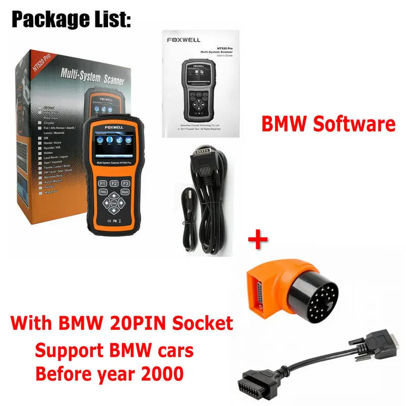BMW and BMW 20pin Foxwell NT520 Pro OBD2 автомобильный сканер полная система ABS SRS SAS EPB TPMS DPF масляный светильник сброс OBD ODB2 автомобильный диагностический инструмент - Цвет: BMW and BMW 20pin