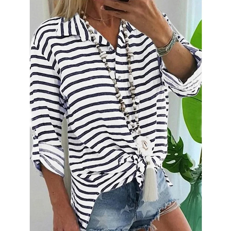 Blusas Femininas женские блузки в полоску рубашка с длинным рукавом бохо отложной