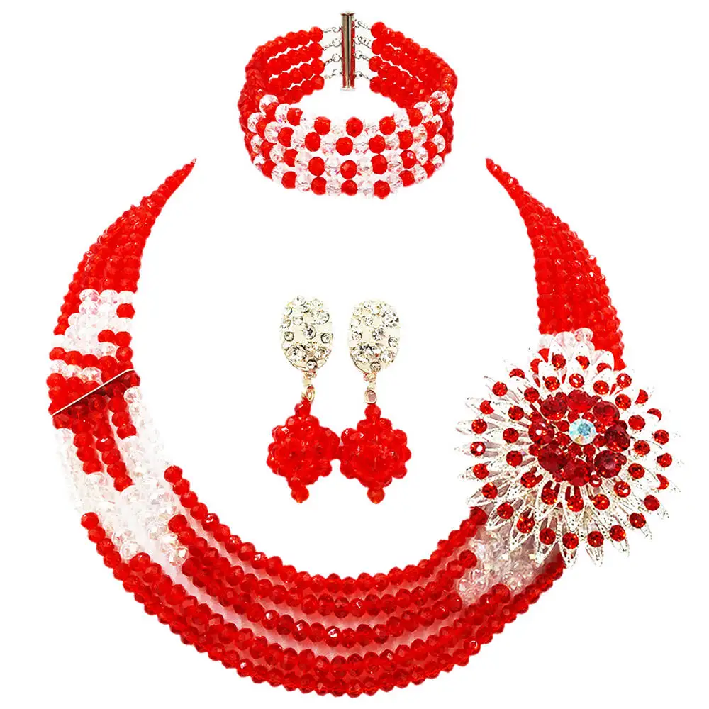 Модное красное прозрачное AB многожильное нигерийское свадебное ожерелье костюм