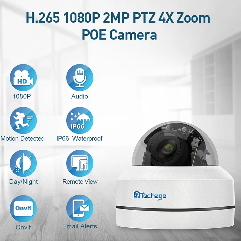 H.265 1080P PTZ POE ip-камера с 4-кратным зумом, мини-скоростная купольная Крытая наружная Водонепроницаемая 2-мегапиксельная камера видеонаблюдения P2P Onvif видео POE камера