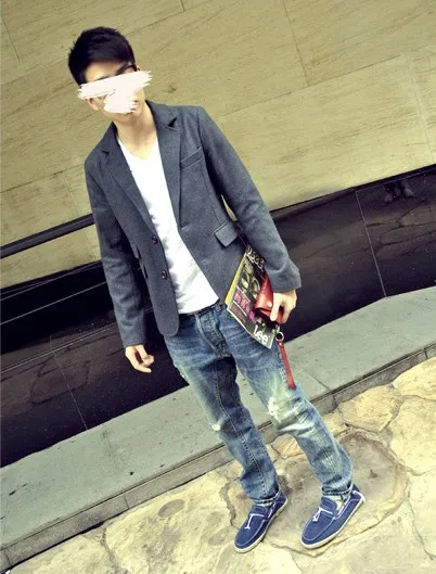 2015 Free Shipping Men Fashion Simple Lapel Worsted Coat Deep Grey Leisure Office Suit | Мужская одежда