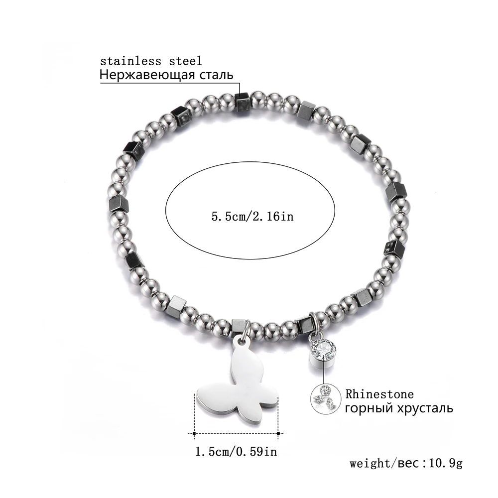 Женский браслет из нержавеющей стали с подвеской-бабочкой эластичный камнями по