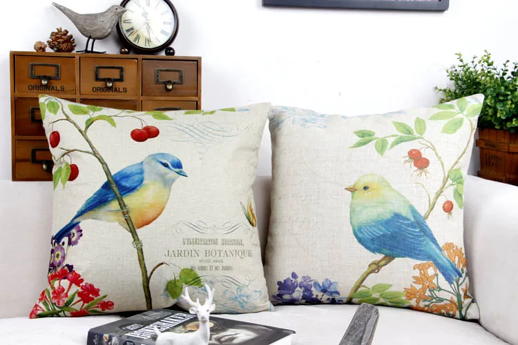 Льняная хлопковая подушка для рисования ручной работы с птицами и цветами