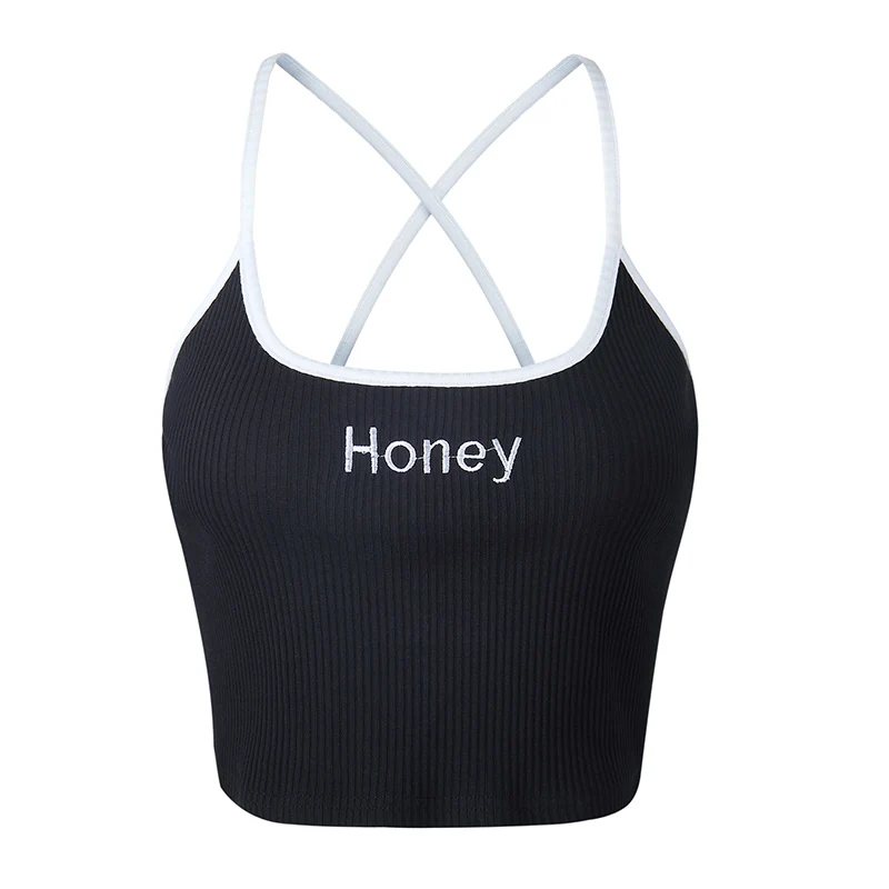 Новинка! Женский эластичный кроп-топ на бретельках с надписью "honey". Сексуальные летние топы для девушек. 1 шт. Майка с вышивкой. 7 цветов