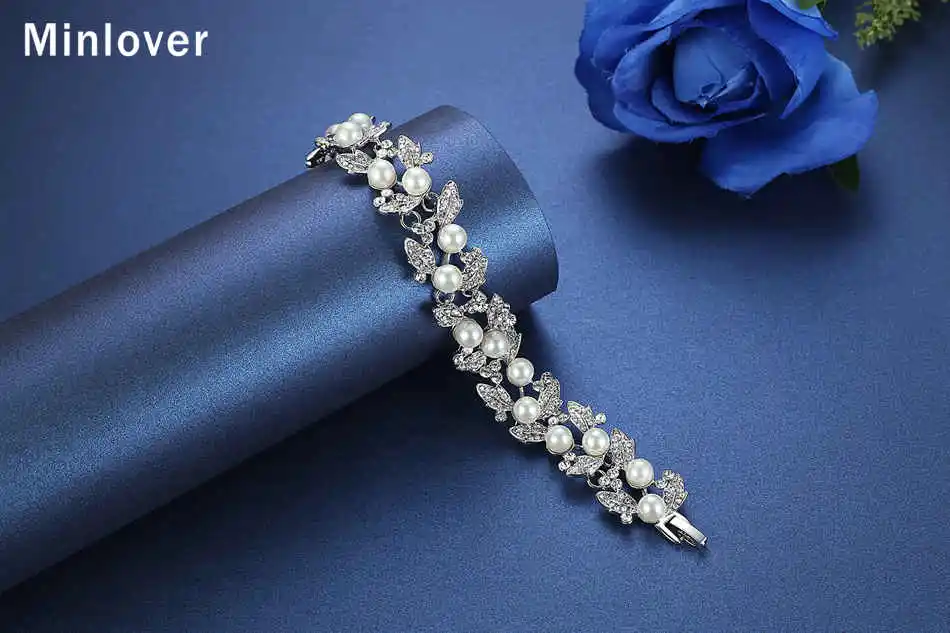 Minlover элегантный слоновой кости имитация жемчуга кристалл браслет для женщин Femme серебро/золото цвет страз в форме листика браслет SL089