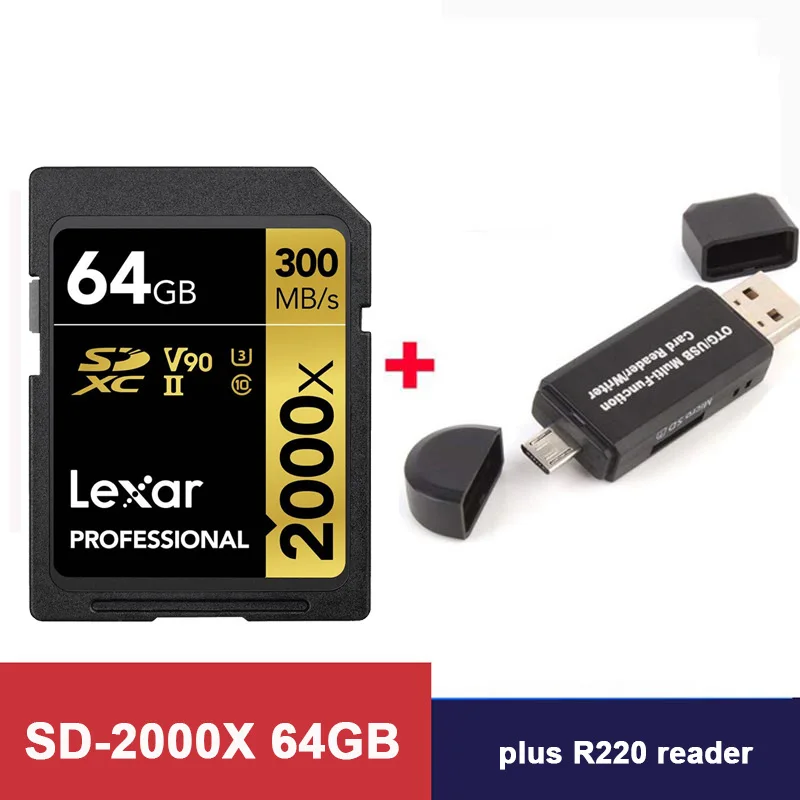 2000X-64G-R220reader Lexar, 300 МБ/с./с, 64 ГБ, карта памяти, SD, профессиональная, 2000x, SDXC, UHS-II, U3, класс 10, флеш-карты для 3D 4K цифровой DSLR камеры - Емкость: 2000X-64G-R220reader
