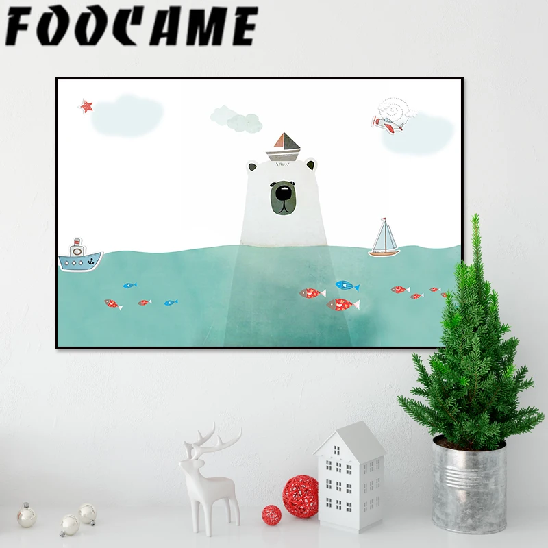FOOCAME Polar Bear Sea Fish Cartoon Nordic Poster Print Nursery Wall Art Canvas Painting Kids Room Home Decoration Pictures | Дом и сад
