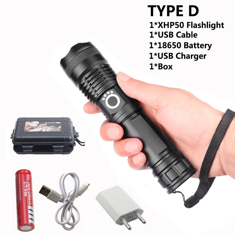 TYPE D Ультра яркий фонарик xhp70, xhp50, зарядка через usb, лампа с зумом, ударопрочный, для самообороны, для улицы, мощный светодиодный фонарь для кемпинга - Испускаемый цвет: TYPE D