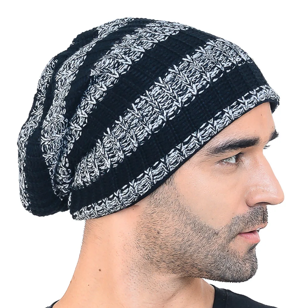 Для мужчин Сутулиться Beanie Кепки На зиму высокого качества акрил полосатый вязать
