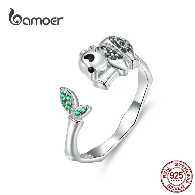 Bamoer Panda и Bamboo кольцо на палец, 925 пробы, серебряный лист и животное, регулируемые кольца для женщин, AAA CZ дизайн, Bijoux BSR055