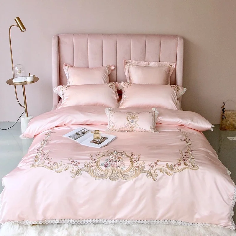 Pink Высокое качество, Европейский королевский Дворцовый стиль, цветы, дизайн, хлопок, вышивка, белый цвет, 4 шт., 6 шт., комплекты постельного белья - Цвет: Pink