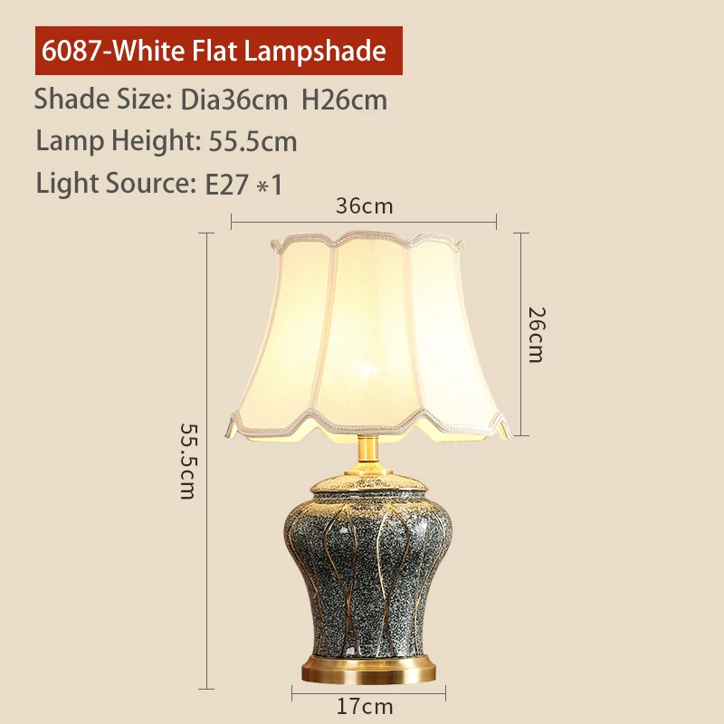 6087-White Flat Медная настольная лампа для гостиной, керамическая лампа Jingdezhen, роскошная прикроватная лампа для спальни, украшенная светодиодными лампами - Цвет абажура: 6087-White Flat