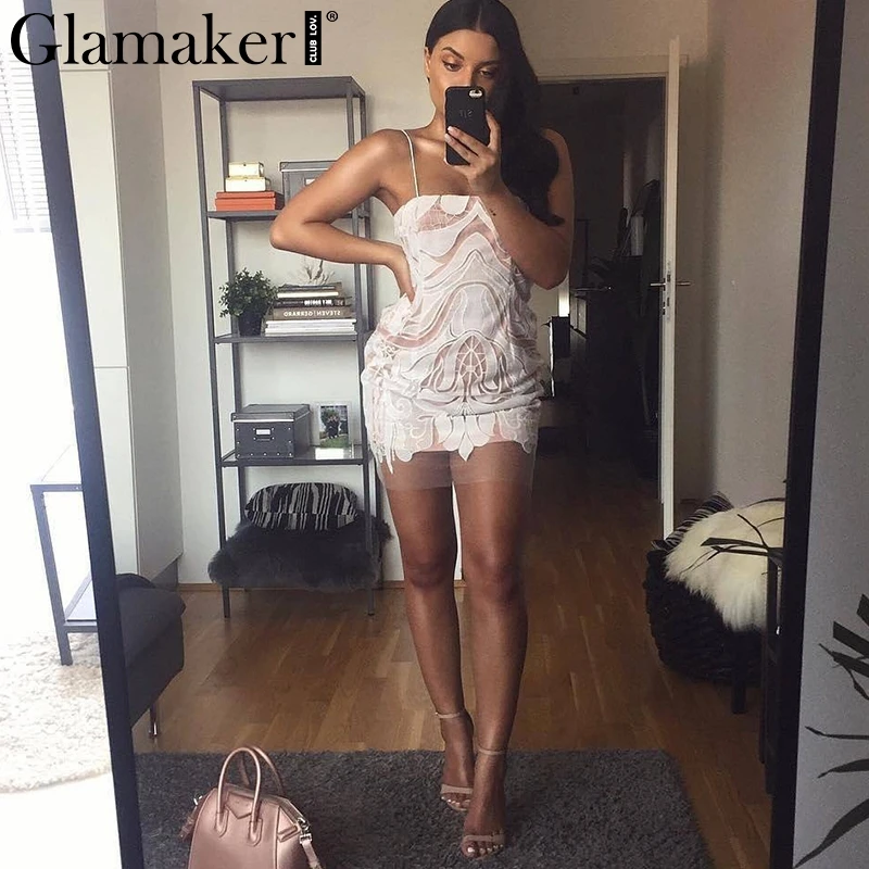 Glamaker, сетчатый Белый Кружевной Мини Сарафан, женские сексуальные тонкие вечерние облегающие платья, vestidos, женское весеннее Клубное летнее платье с цветочным рисунком