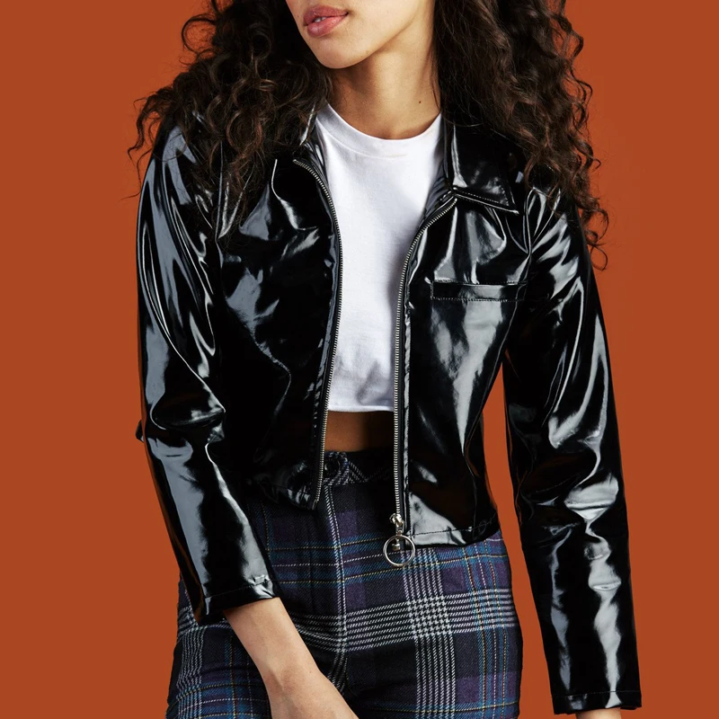 Панк стиль черный искусственная кожа короткие куртки пальто для женщин осень ретро личности ПУ топы хип хоп для девочек круглый молния пальто