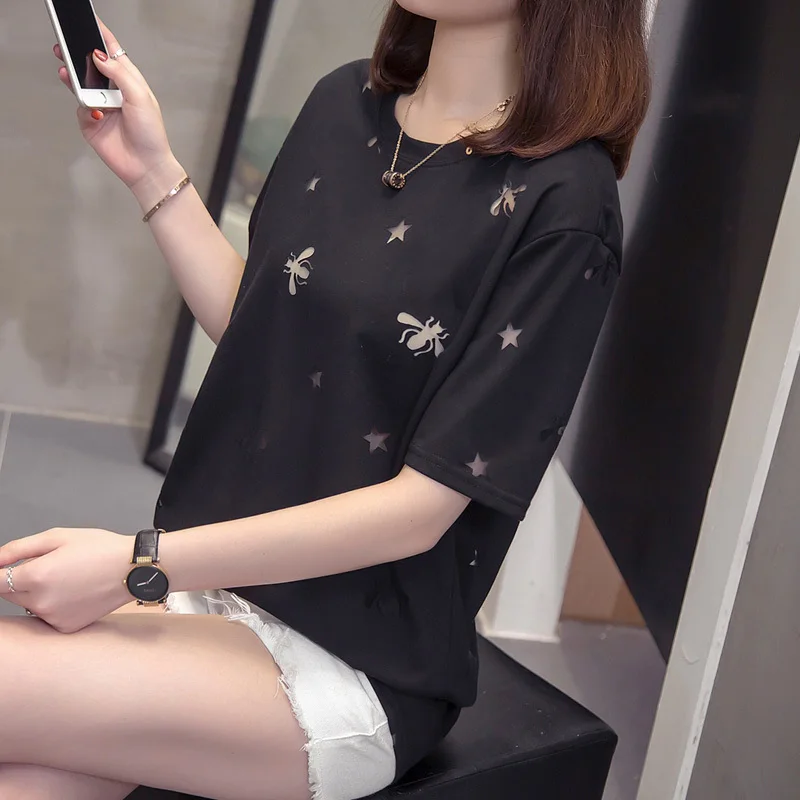 Женские футболки размера плюс с сеткой и звездами, Vogue Ulzzang, женская футболка, летняя одежда, большие женские футболки, топы с коротким рукавом