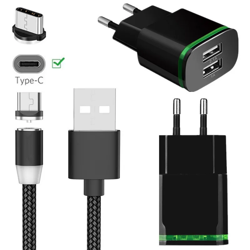 Магнитный кабель типа C 2 порта светодиодный светильник USB зарядное устройство для samsung galaxy A70 M40 S8 S9 S10 Nubia Z17 Mini Axon 10 Pro Honor 20 9 8 - Тип штекера: EU charger and cable