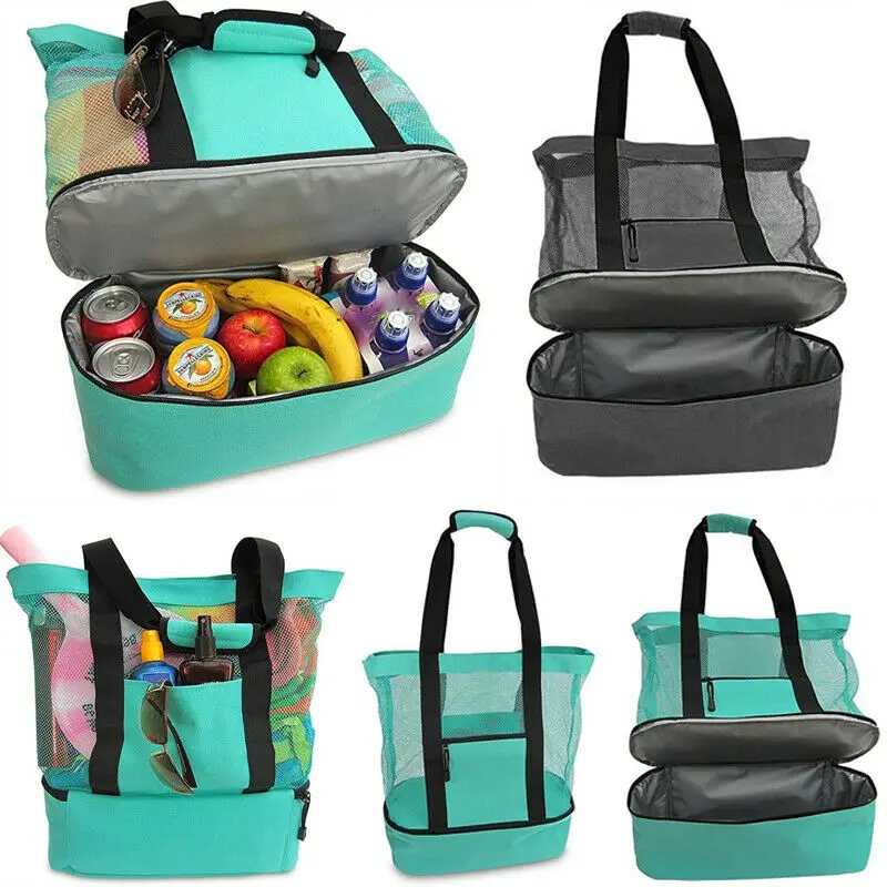 Фото Ручная сумка для ланча сумка-холодильник пикника сетчатая пляжная сумка-тоут