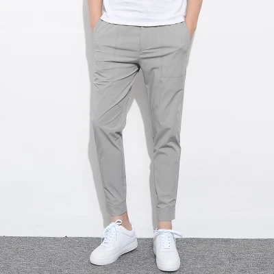 Light Gray Новинка лета, мужские брюки длиной до щиколотки, тонкие, стильные, одноцветные, облегающие, Мужские штаны для бега, на шнурке, тянущиеся, повседневные, мужские брюки - Цвет: Light Gray