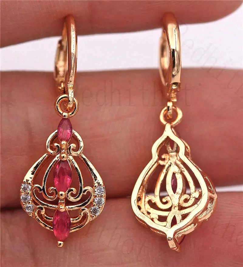 Висячие серьги для женщин золотой цвет геометрический с красным Цирконом Модные