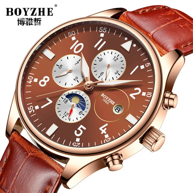 Brown Мужские автоматические механические часы BOYZHE, люксовый бренд, водонепроницаемые, с календарем, светящиеся стрелки, кожаные спортивные часы, Relogio Masculino - Цвет: Brown