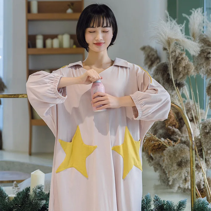 New Stars Nightgown Sleep Wear Blue Night Shirt Home Dress Blue Cotton Nightwear Women Plus Size Plain Nightdress Nighty