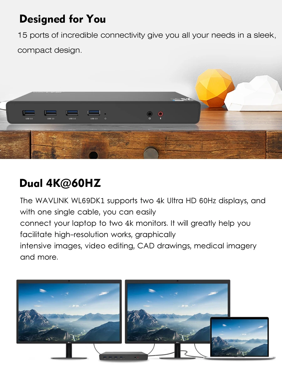 Wavlink Универсальная док-станция USB 3,0 USB-C двойной 4K Ultra Dock DP Gen1 type-C Gigabit Ethernet Расширенный и зеркальный режим видео