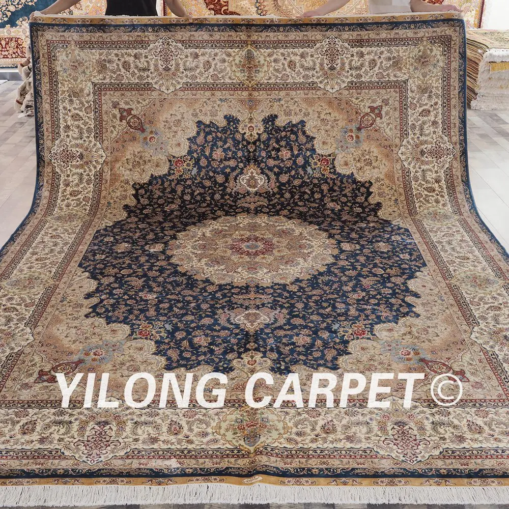 Очень большой ковер Yilong 9 &quotx 12&quot ручной работы с синими цветами и узлом Перский