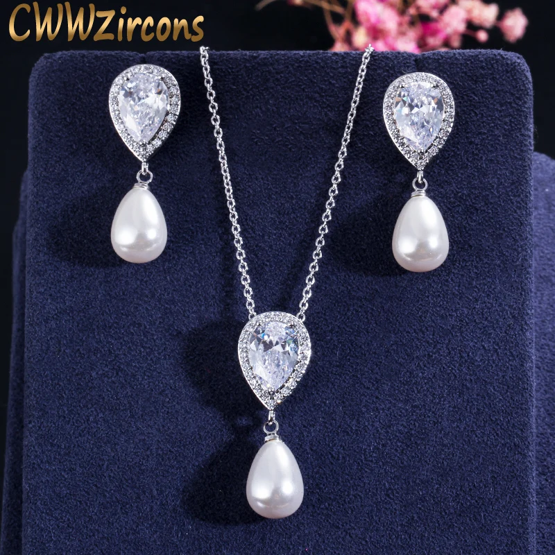 CWWZircons блестящее качество милые капли воды кубического циркония Висячие Жемчужное ожерелье серьги Ювелирные наборы для женщин T156