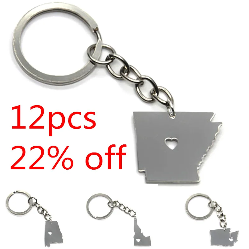 Карта США Брелок Серебряный тон Нью Йорк штат Миссисипи Индиана Гавайи Джерси