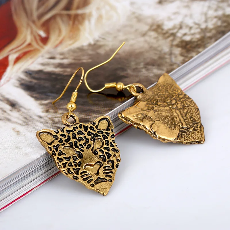 Винтажная леопардовая голова Серьги под старину золото в стиле панк бохо