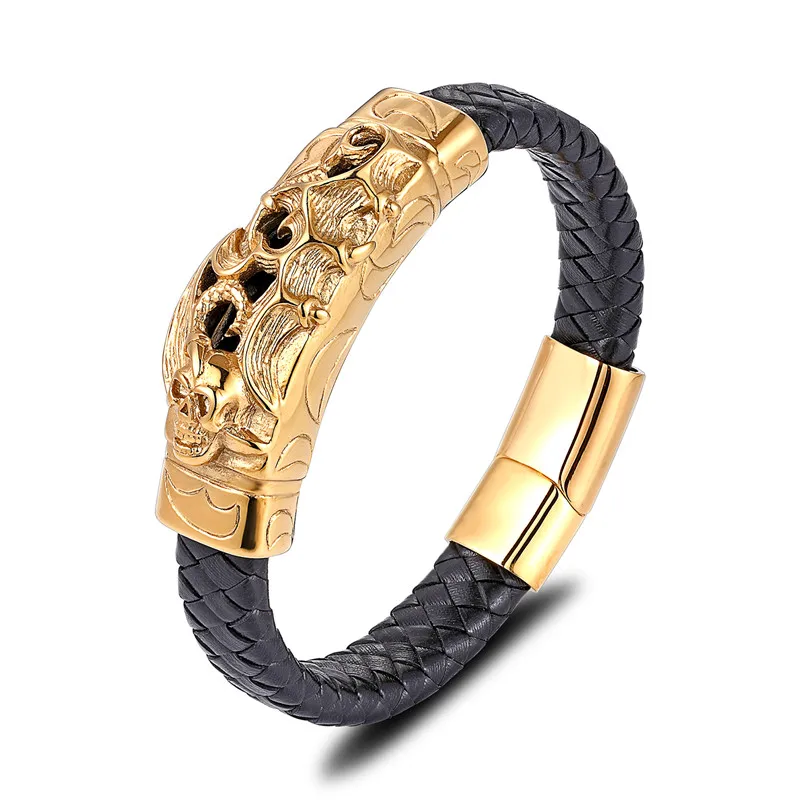 Gold pattern A Новинка, панк браслет из нержавеющей стали и натуральной кожи, мужской браслет с золотым львом, очаровательные браслеты, браслеты, роскошные ювелирные изделия, браслеты - Окраска металла: Gold pattern A