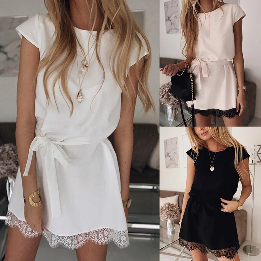 Летнее Повседневное платье с круглым вырезом и коротким рукавом кружевное