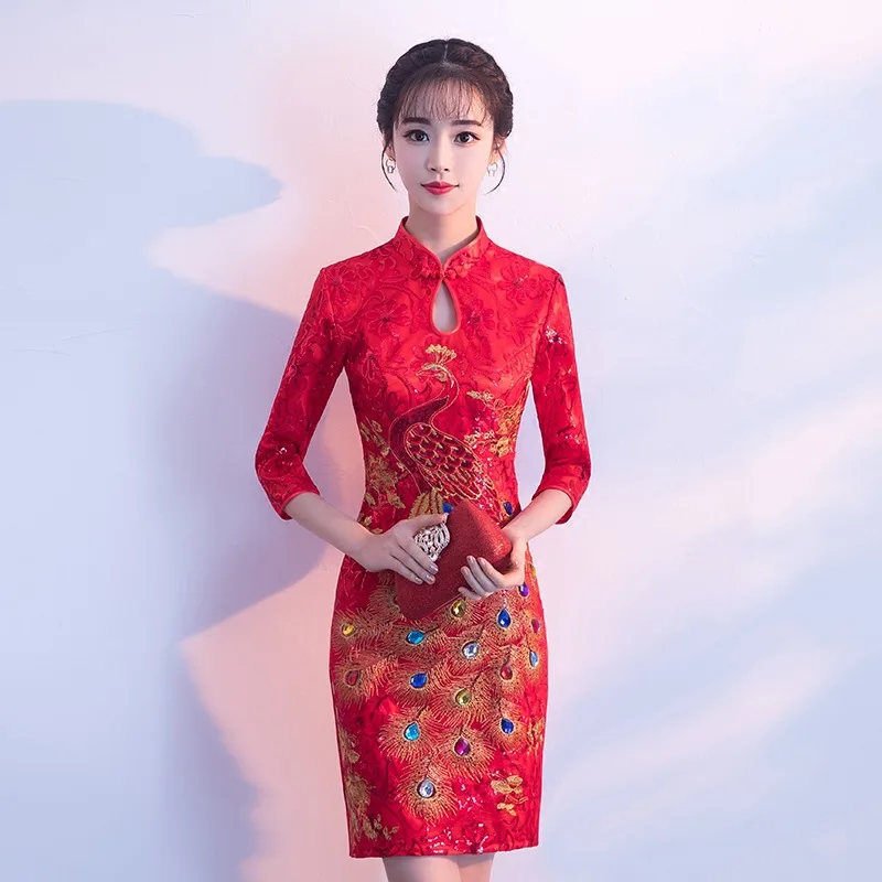 Красное мини-платье невесты Cheongsam Восточное женское свадебное платье с коротким