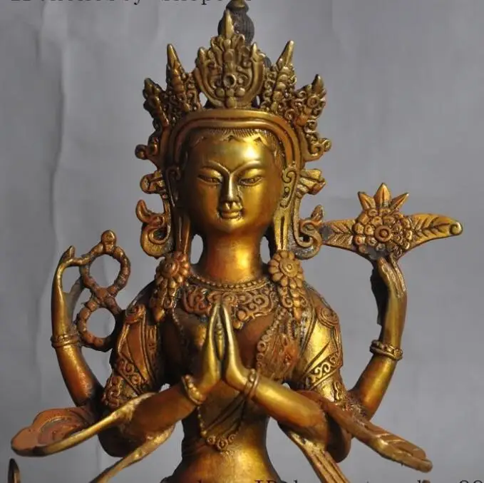 Старая фотография Золотая Защита 4 руки Chenrezig kwan-yin Тибетский буддизм бронзовый |