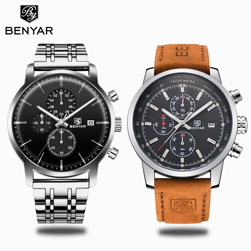 Set Наручные часы BENYAR, мужские часы, набор, кварцевый хронограф, большой циферблат, Топ бренд, модные кожаные мужские часы, часы, Reloj Hombre - Цвет: Set